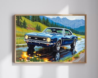 Vintage Muscle Car Jigsaw Puzzle, 1967 Camaro Classic Vehicle, Midnight Blue Chevy Rainy Road Trip Scenic Art, Car Lover Gift