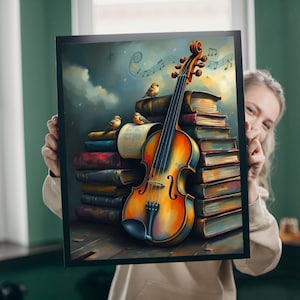 Violin and Storybooks Jigsaw Puzzle with Birds and Music Notes - Gift for Musician, Book Lover, or Teacher, Musical Instrument Puzzle