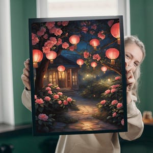 Cottage Landschaft Puzzle: Laternen und Kamelien bei Nacht