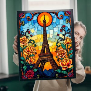 Eiffel Tower Sunset Jigsaw Puzzle, Floral Stained Glass Style, Famous Landmark, Parisian Landscape Art, Relaxing Adult Hobby, Giftable Game