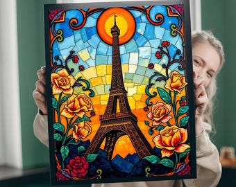 エッフェル塔のジグソーパズル：花のステンドグラスのパリの芸術