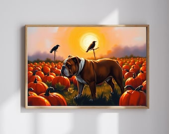 Könnte beinhalten: Ein brauner und weißer Bulldogge steht in einem Feld mit orangefarbenen Kürbissen bei Sonnenuntergang. Zwei schwarze Vögel sitzen auf einem Holzstab im Hintergrund.