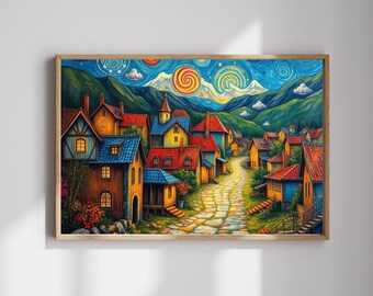 Könnte beinhalten: Ein Gemälde, das ein malerisches Dorf in einem Tal zeigt, mit einem sternenklaren Nachthimmel darüber. Die Häuser sind bunt und haben einzigartige architektonische Details. Ein Steinweg schlängelt sich durch das Dorf und führt zwischen den Häusern hindurch.