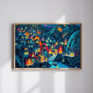 Bioluminescent Village Jigsaw Puzzle: Cinematic Glowing Town Scene