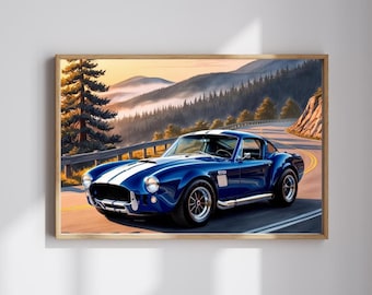Vintage Car Puzzle, Blue 1965 Shelby Cobra 427, Classic Muscle Car on a Scenic Mountain Road Jigsaw Game, Retro Gift for Him, Car Enthusiast