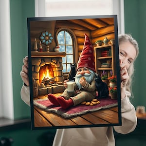 May include: A framed print featuring a whimsical illustration of a gnome enjoying a cookie and milk in a cozy cabin setting. The gnome wears a red hat and sits near a fireplace with two black cats. The scene evokes a warm, inviting atmosphere.