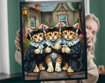 May include: Three tabby cats wearing black and white colonial-style outfits with white collars and hats. The cats are standing in a row on a stone path in front of a building with a green roof.