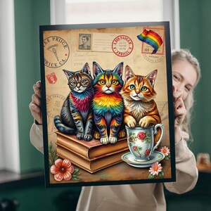Postkarten und Pfoten Puzzle, Stolz Regenbogen Katzen Vintage Puzzle Art für lustige Familienaktivität, Katzenliebhaber Geschenk, gemütliche Nacht, Denksportrolle