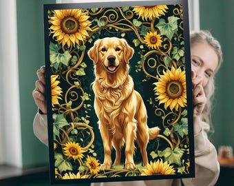 Vintage Golden Retriever Jigsaw Puzzle: Sunflower Floral Dog Game
