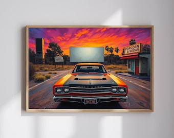 Vintage Car Puzzle, Orange 1969 Road Runner, Sunset Classic Vehicle Scene Nostalgic Drive-In Background, Retro Puzzle Lover Gift
