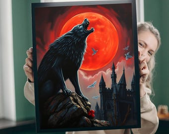 Gothic Wolf Jigsaw Puzzle, Howling Blood Moon Scene