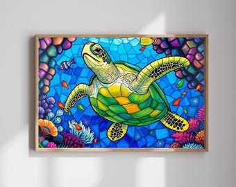 May include: A framed art print featuring a colorful sea turtle swimming in a vibrant underwater scene. The turtle is depicted with yellow, green, and black details, surrounded by coral and fish in shades of blue, orange, and purple.