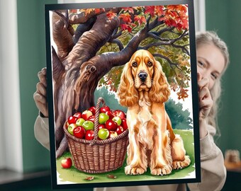 May include: A brown and white cocker spaniel dog sits in front of a basket of red and green apples. The dog is sitting under a tree with autumn leaves.