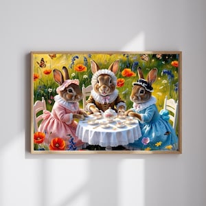 May include: Three brown rabbits wearing dresses are sat at a table with a white tablecloth, having tea. The table is set with teacups, saucers, and a teapot. The rabbits are in a garden setting with green grass, flowers, and butterflies.