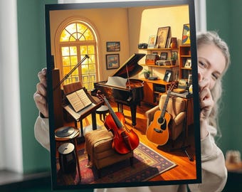 Puede incluir: Una pintura de una sala de música con un piano de cola, un violín, una guitarra y partituras en un atril. La sala está decorada con una gran ventana, una estantería y un cómodo sillón.