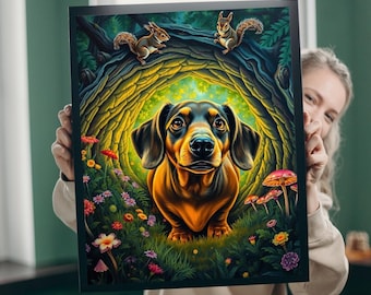 May include: A digital painting of a brown and black dachshund standing in a forest clearing. The dog is looking directly at the viewer. The clearing is filled with colorful flowers and mushrooms. There are two squirrels in the background, one on a tree branch and one on the ground.