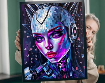 Puzzle Cyberpunk Woman: Portret mozaikowy, sztuka futurystyczna