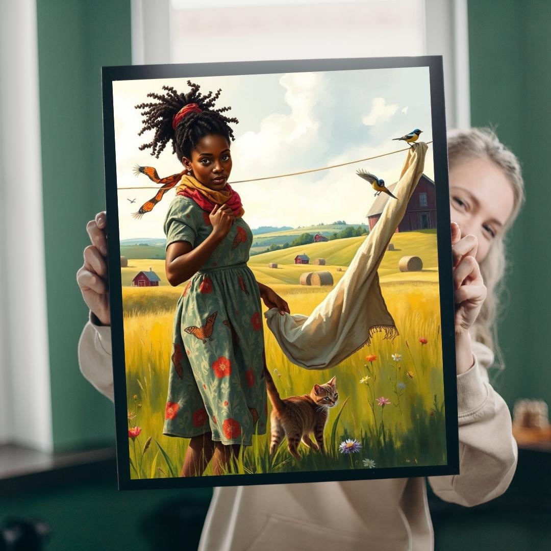 Black Woman Laundress Jigsaw Puzzle: Afrocentric Art, Cat & Meadow