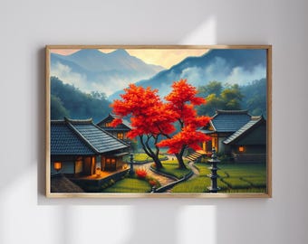 May include: A framed print depicting a Japanese landscape with traditional houses and dark blue tiled roofs. Bright red trees are prominent against the green fields and misty mountains. The artwork is set in a wooden frame.