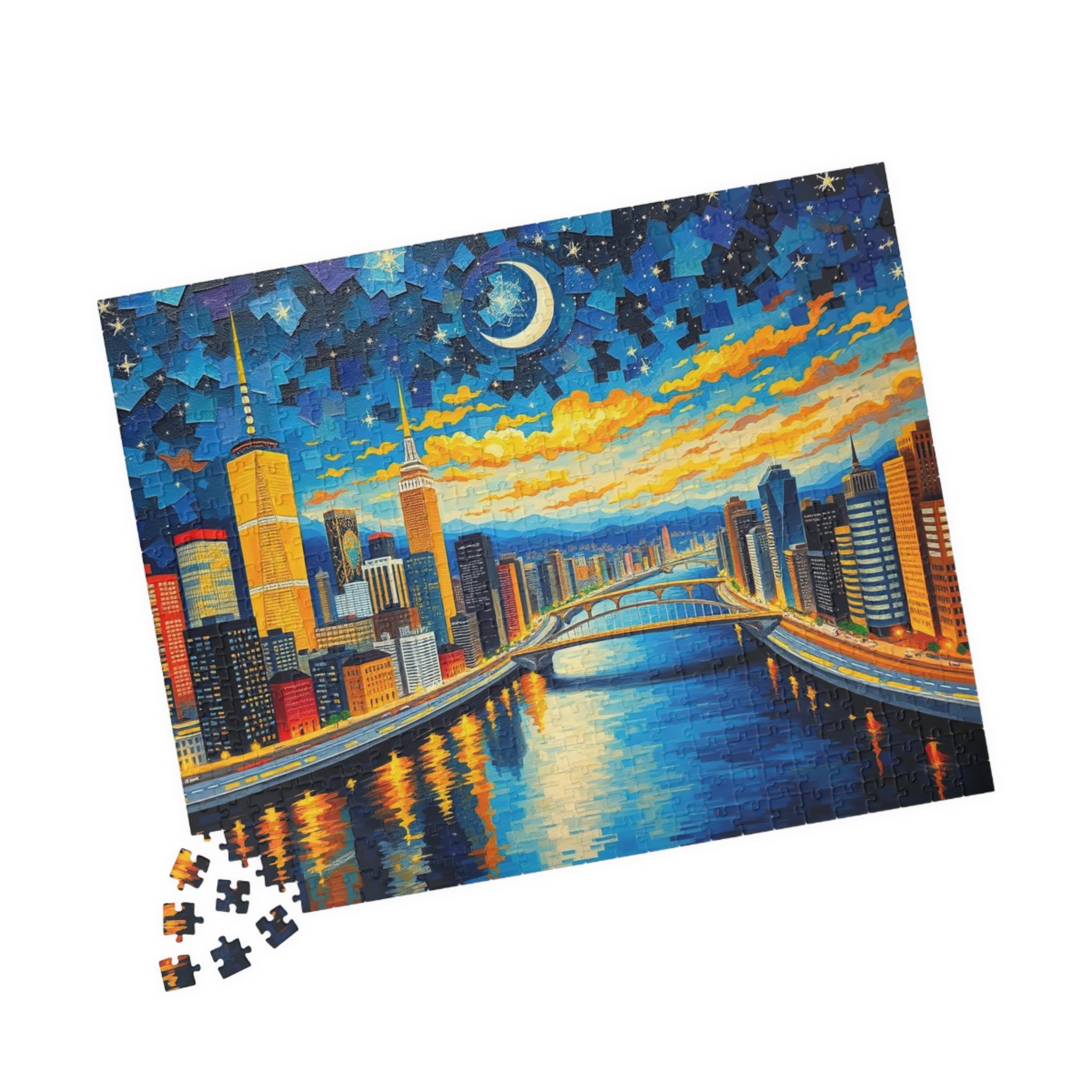 都市の夜景ジグソーパズル：ライトアップされた高層ビルの眺め - Etsy 日本