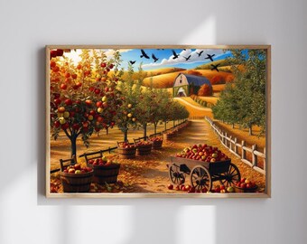 May include: A painting of a rural scene with a red barn, apple trees, and a wagon full of apples. The trees are in the foreground, and the barn is in the background. The wagon is in the middle of the path, and there are leaves on the ground.