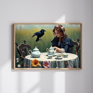 Victorian Woman and Raven Jigsaw Puzzle: Melancholy Tea Party