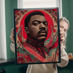 May include: Framed art print featuring a portrait of a man with a serious expression, set against a red halo. The artwork uses a vibrant color palette of red, teal, and gold, with intricate patterns and details. The print is in a black frame.