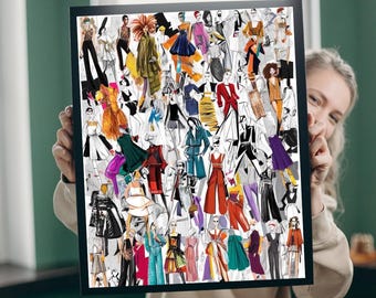 May include: A collage of fashion illustrations featuring various styles and colors. The illustrations are arranged in a random pattern, creating a dynamic and visually appealing composition.
