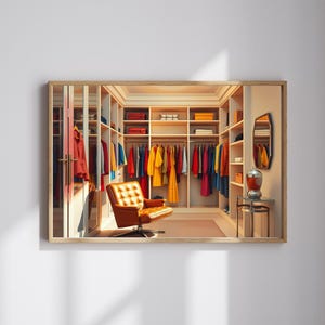 May include: A walk-in closet with a brown leather armchair in the center. The closet is filled with colorful clothing hanging on racks. The closet has wooden shelves and a mirror on the right side.