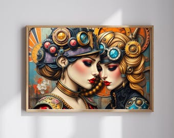 May include: Two women with elaborate steampunk-inspired headwear and clothing. The woman on the left wears a purple and gold helmet with gears and a red jewel. The woman on the right wears a gold and blue helmet with gears and a blue jewel. Both women have long, flowing hair and are looking at each other.