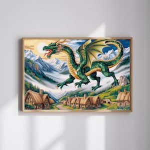 Quebra-cabeça de dragão mítico: fantasia de vila medieval, passatempo desafiador