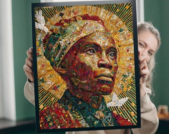 May include: A framed mosaic portrait featuring a person with a serene expression, adorned with a head covering and a halo-like background. The artwork incorporates a rich palette of reds, greens, and golds, with white dove accents. The portrait is held by a person.