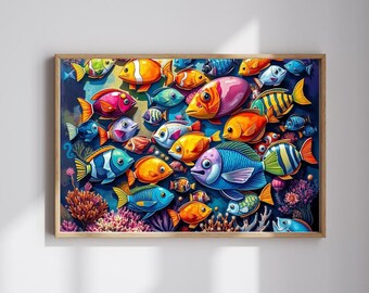 May include: A framed art print featuring a vibrant school of cartoon fish in various colors, including orange, blue, pink, and yellow. The artwork has a whimsical style, with a dark blue background and coral accents.