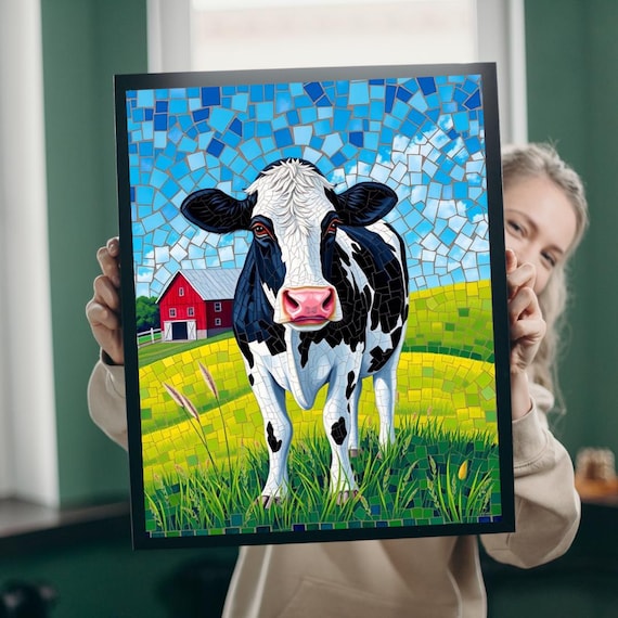 Mosaic Cow Jigsaw Puzzle: Farm Landscape Tabletop Game - Etsy New