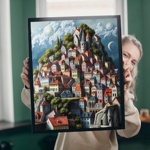 3D Village Hilltop Puzzle: Whimsical Stacked Houses Jigsaw Game