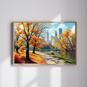 May include: A painting of a city park in autumn with yellow trees and a lake. The city skyline is visible in the background. Two small boats are on the lake.