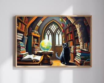May include: A black cat sits in a room with a large globe, bookshelves, and a window with stained glass. The room is decorated with colorful ornaments.