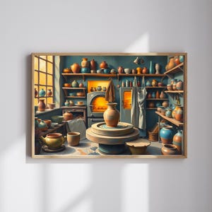 Peut inclure: Un atelier de poterie avec des étagères remplies de pots et de vases en céramique de différentes couleurs et tailles. Un tour de potier avec un pot en argile dessus se trouve au centre de la pièce. Un four à bois se trouve à l'arrière-plan.