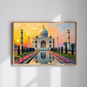 May include: A framed art print of the Taj Mahal at sunset. The artwork depicts the white marble mausoleum with a large central dome, flanked by minarets, reflected in a pool of water. The sky is a blend of orange, yellow, and pink.