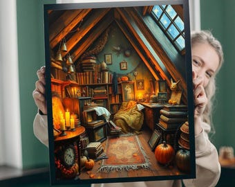 Puede incluir: Una impresión enmarcada que representa una acogedora escena de biblioteca en el ático. La obra de arte presenta estanterías, un escritorio, calabazas y una alfombra, todo iluminado por una cálida iluminación. La escena evoca una sensación de comodidad y encanto otoñal.
