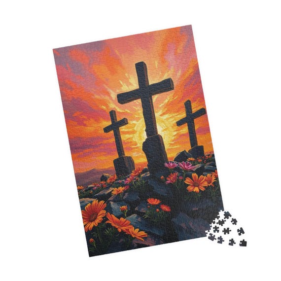 Three Crosses Sunrise Puzzle: Christian Wildflower Jigsaw Game - Etsy