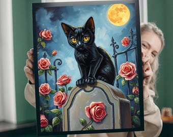 Black Cat Graveyard Jigsaw Puzzle: Gothic Halloween Family Game