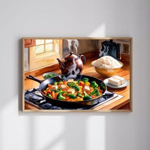 Könnte beinhalten: Aquarellmalerei einer Küchenszene mit einer gusseisernen Pfanne voller Gemüse und Tofu. Eine Teekanne dampft in der Nähe, mit einer Schüssel Reis und einem Teller Tofu. Das Kunstwerk ist gerahmt.