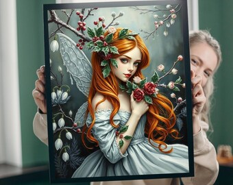 May include: A framed art print depicting a fairy with flowing red hair, a pale blue dress, and detailed wings. The fairy is decorated with flowers and holds a bouquet of red roses. The artwork has a dark, atmospheric background.