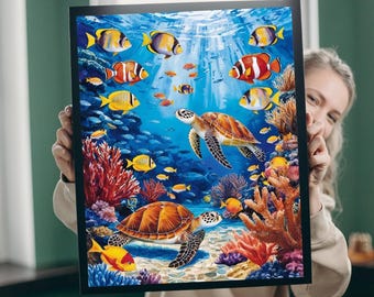 May include: A framed painting of a vibrant underwater scene with two sea turtles swimming among colorful coral reefs and tropical fish. The painting features a variety of fish, including yellow, orange, red, and blue fish.