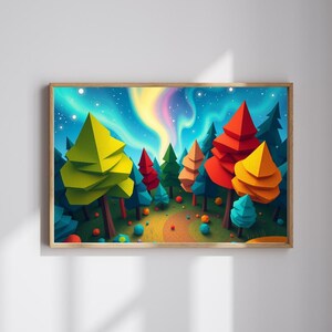 Abstract Landscape Jigsaw Puzzle, Magical Forest with Geometric Trees Aurora Sky, Challenging Game for Mental Exercise, Puzzle Lover Gift