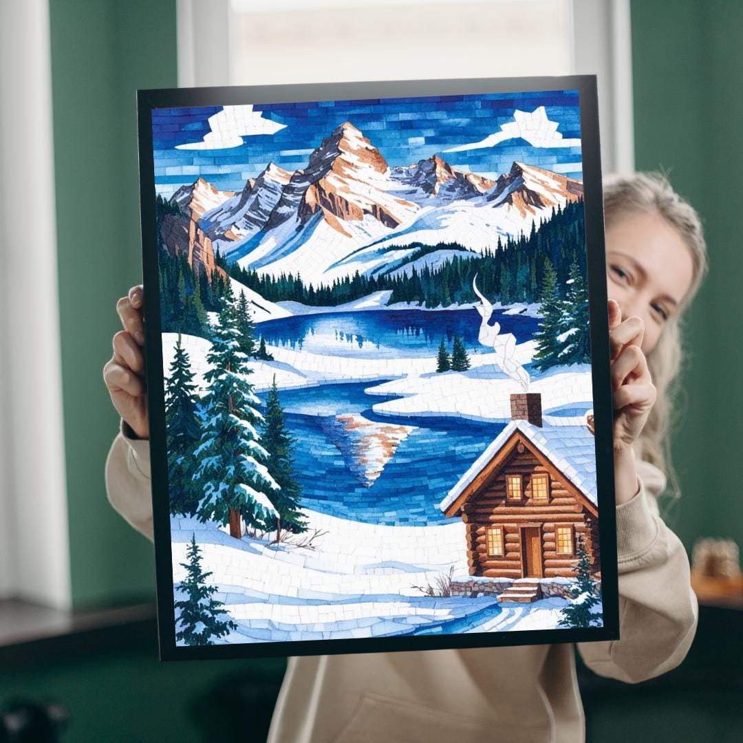 Winter Cabin Mosaic Jigsaw Puzzle: Snowy Mountain Landscape, 520