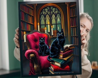May include: Two black cats sit in a dimly lit room with a large window and bookshelves. One cat sits on a red velvet armchair, while the other sits on a stack of books. The room is decorated with candles and has a gothic aesthetic.