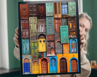 Könnte beinhalten: Eine Collage aus bunten, alten Türen mit verschiedenen Stilen und Designs. Die Türen sind in einem Raster angeordnet und weisen unterschiedliche Farben, Texturen und Materialien auf.