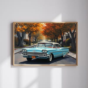 puzzle de voiture vintage, Chevrolet Impala 1958 bleu ciel classique, scène de quartier rétro bordée de fleurs des années 1950, meilleur cadeau pour amateur de voitures